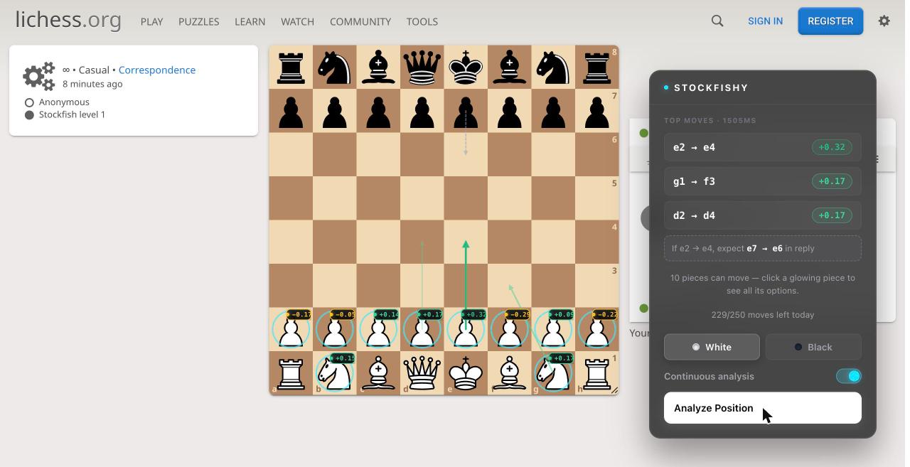 StockFishy analyzing a chess position on Lichess, showing top moves, ratings, and a predicted reply